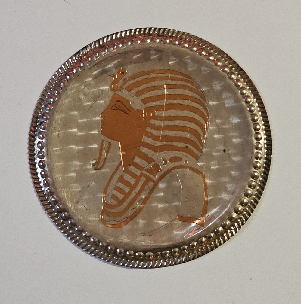 Egyptian Silver & Brass Wall Decor Plate Hand Etched King Tut with hanger 7.75"